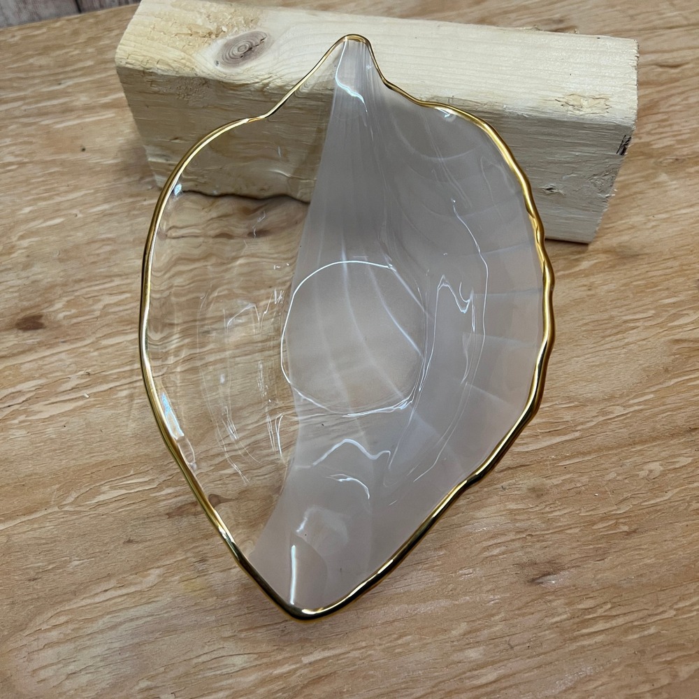 Vintage Frosted Glass Leaf Dish Gold Trim Trinket Catchall Candy Bowl 7"